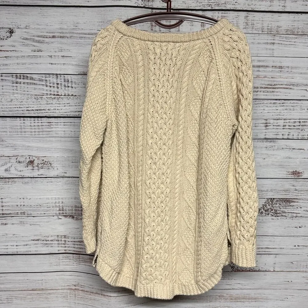 LL Bean Signature Tunic Fisherman Sweater Cream Cable Knit Crewneck Large